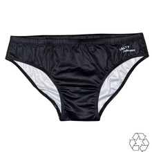 Load image into Gallery viewer, Salty Johnson sustainable mens swim briefs in black with a sleek design for eco-friendly swimming