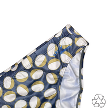 Load image into Gallery viewer, Salty Johnson AU sustainable mens swim briefs with blue and gold circular pattern fabric