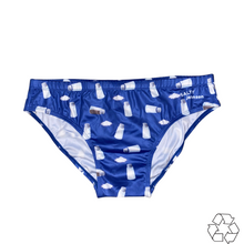 Load image into Gallery viewer, Salty Johnson blue Sustainable Mens Swim Briefs with white cup and cloud pattern
