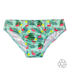 Load image into Gallery viewer, Salty Johnson AU sustainable mens swim briefs with tropical flamingo and leaf print