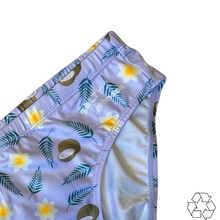 Load image into Gallery viewer, Salty Johnson AU Sustainable Mens Swim Briefs with tropical floral and coconut print in light purple