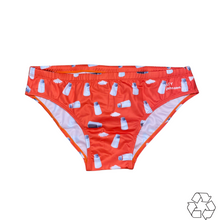 Load image into Gallery viewer, Salty Johnson sustainable mens swim briefs in red with blue and white bottle print design