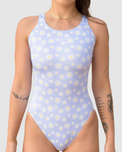 Load image into Gallery viewer, Salty Johnson AU sustainable womens one piece swimsuit with a floral design in lavender and yellow