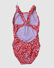 Load image into Gallery viewer, Sustainable womens Coral one piece swimsuit with a vibrant coral design and open back for comfortable beachwear
