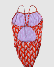 Load image into Gallery viewer, Salty Johnson AU sustainable womens one piece swimsuit in vibrant orange pattern with a stylish back design