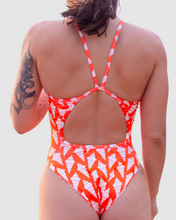 Load image into Gallery viewer, Back view of a vibrant orange Salty Johnson sustainable womens one piece swimsuit with unique design