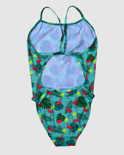 Load image into Gallery viewer, Salty Johnson women's swimsuit in teal with colorful flamingo and tropical leaf print