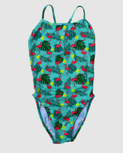 Load image into Gallery viewer, Salty Johnson AU women's swimsuit featuring a vibrant flamingo and tropical leaf print