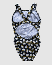 Load image into Gallery viewer, Salty Johnson AU Women's Swimsuit in navy with a playful pattern featuring golden football shapes