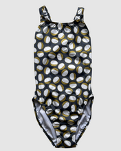 Load image into Gallery viewer, Salty Johnson AU Women's Swimsuit with a stylish oval pattern in black, white, and gold