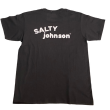 Load image into Gallery viewer, Back view of a Salty Johnson sustainable mens t-shirt in black with logo design