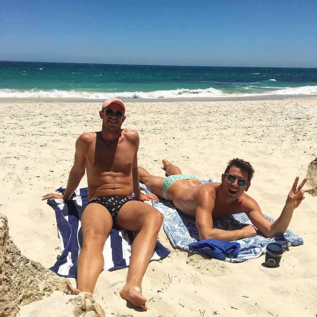 Salty Johnson sustainable swimwear on clearance, Smashed Avo print swim briefs