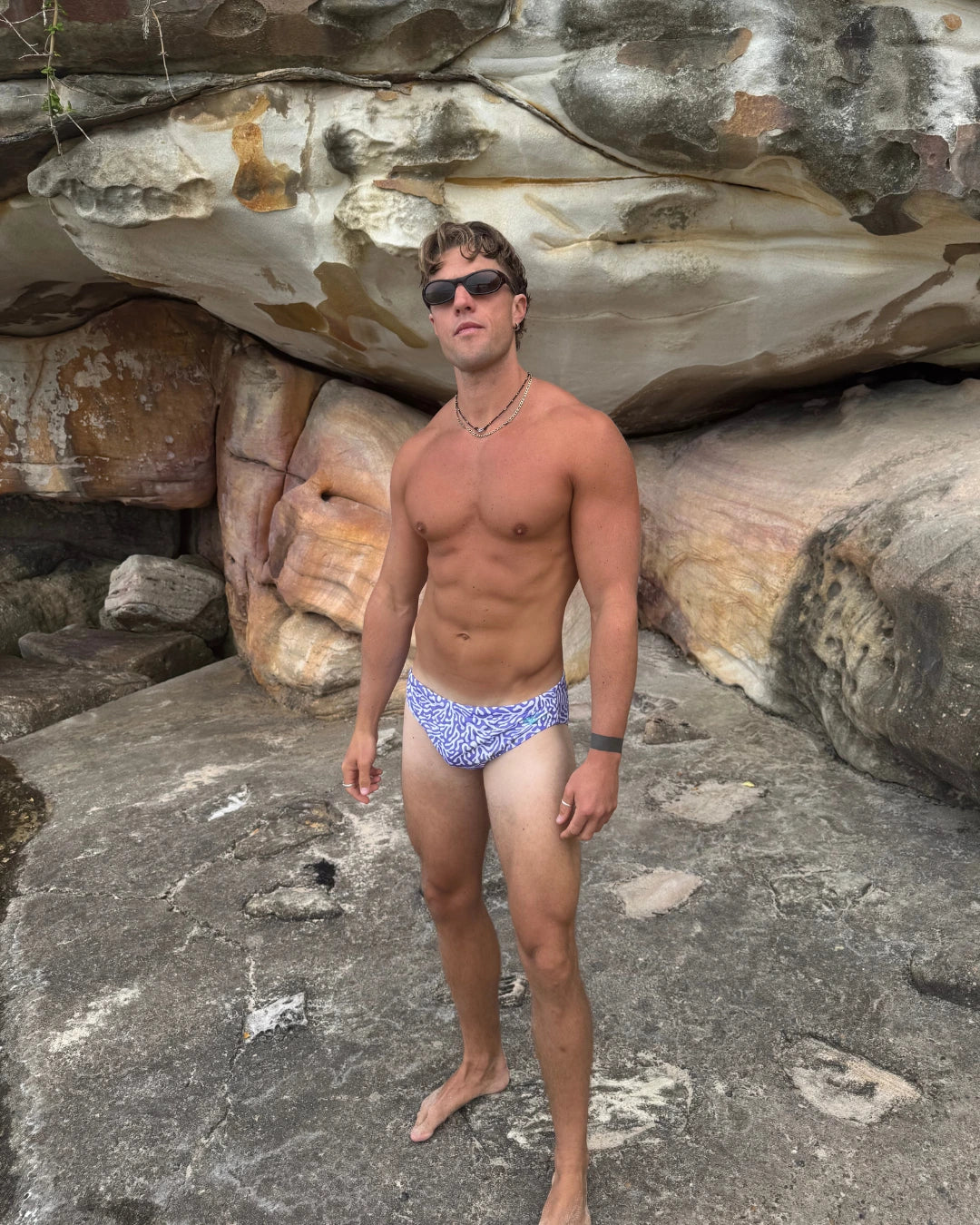 Violet Coral mens swim briefs designed in Bondi Beach, Salty Johnson