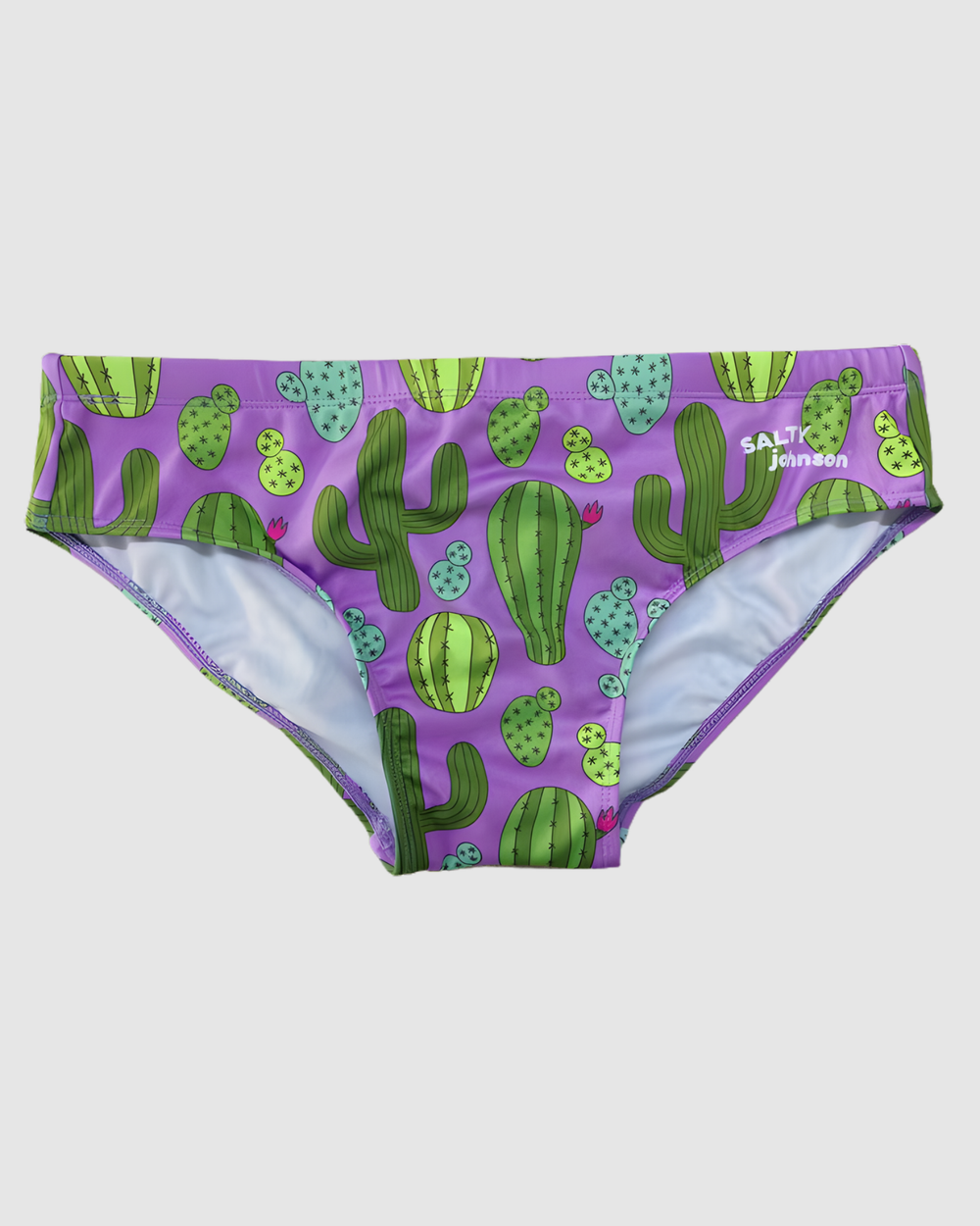 Prickly Business cactus print mens swim briefs in recycled REPREVE fabric, Salty Johnson