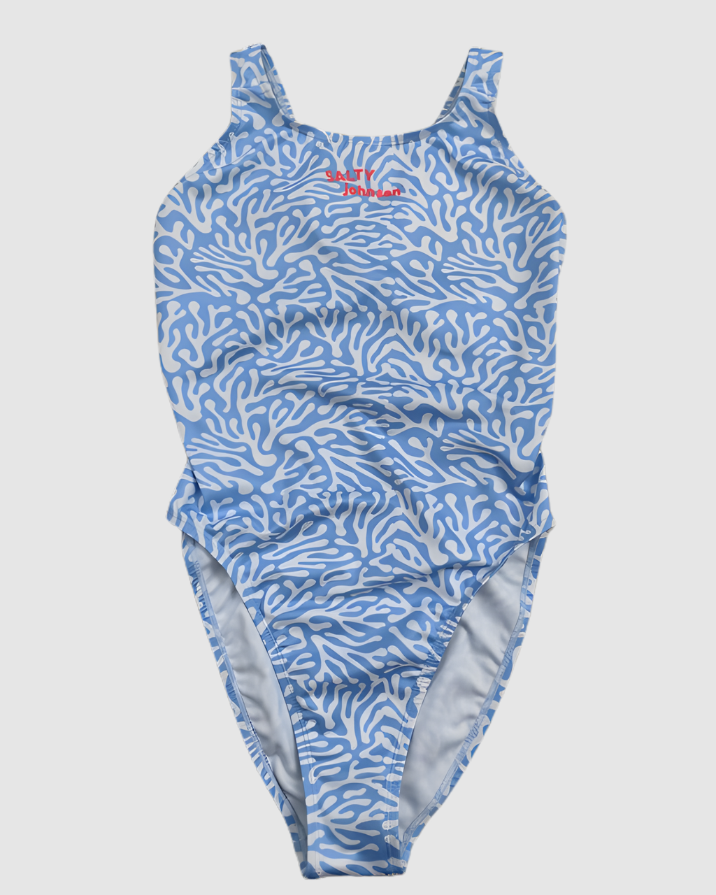 Blue Coral thick strap swimsuit in sky blue reef print, Salty Johnson