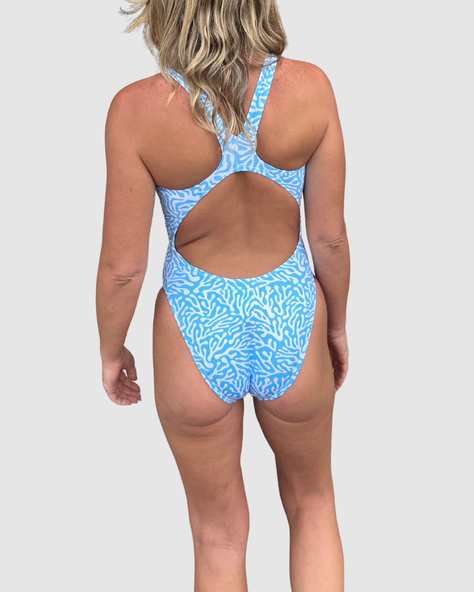 Blue Coral print swimsuit, chlorine resistant recycled fabric, Salty Johnson