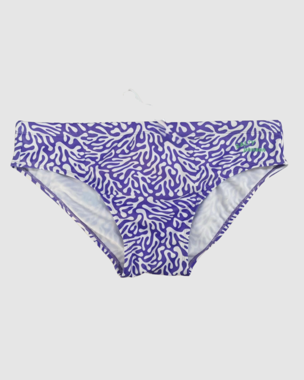 Violet Coral print mens swim briefs in recycled REPREVE fabric, Salty Johnson
