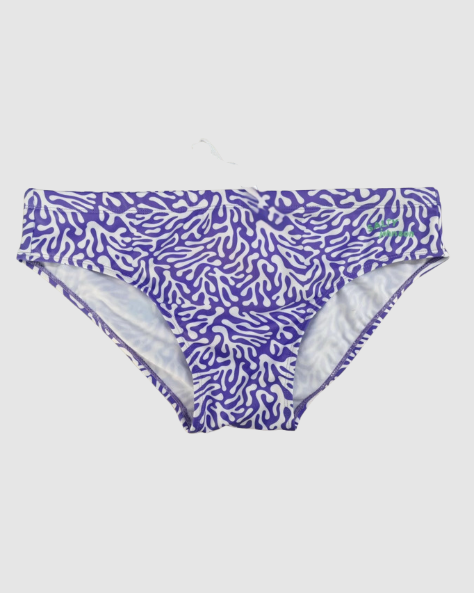 Violet Coral print mens swim briefs in recycled REPREVE fabric, Salty Johnson