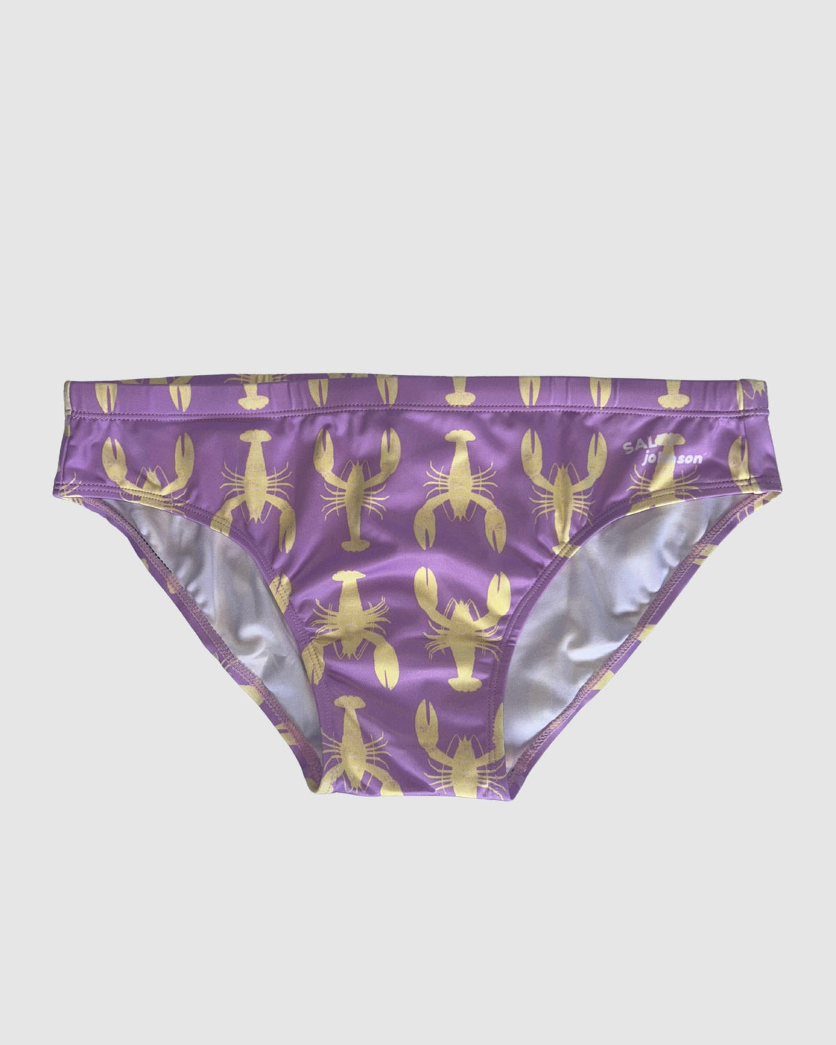 Front view of Salty Johnson Yabbies men's swim briefs in purple, yellow.