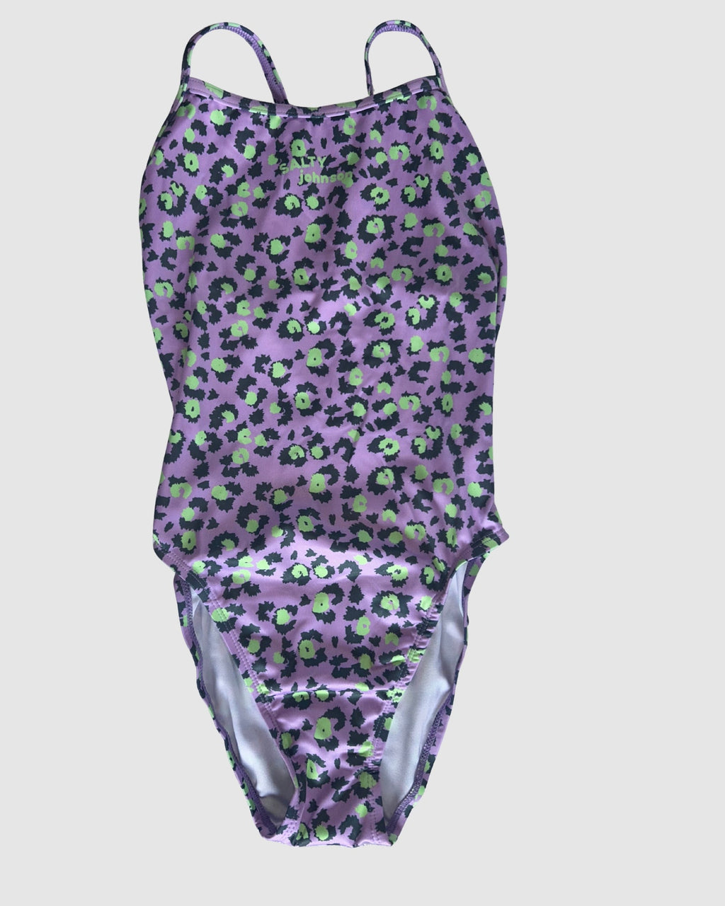 Front view of Purple Patch women's thin strap one-piece swimsuit, black and lime leopard spots on lilac.