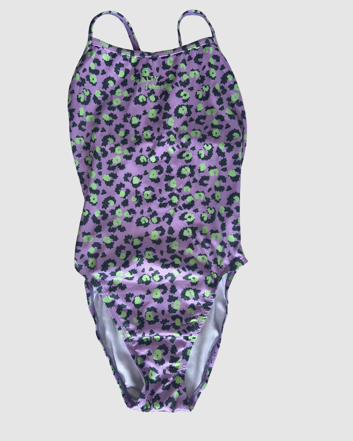 Front view of Purple Patch women's thin strap one-piece swimsuit, black and lime leopard spots on lilac.