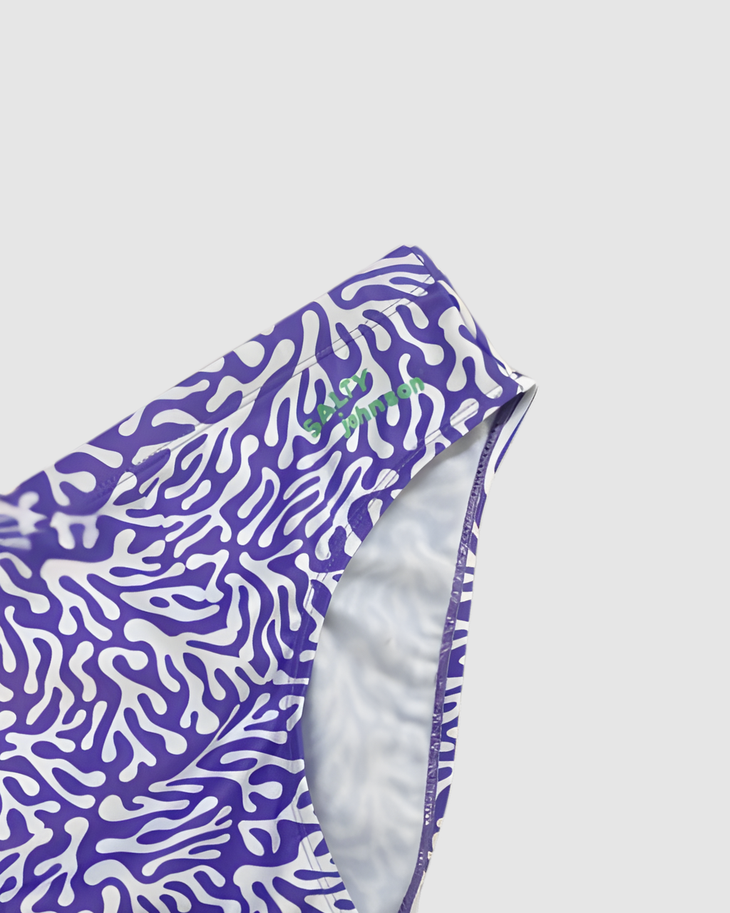 Violet Coral print swim briefs, chlorine resistant recycled fabric, Salty Johnson