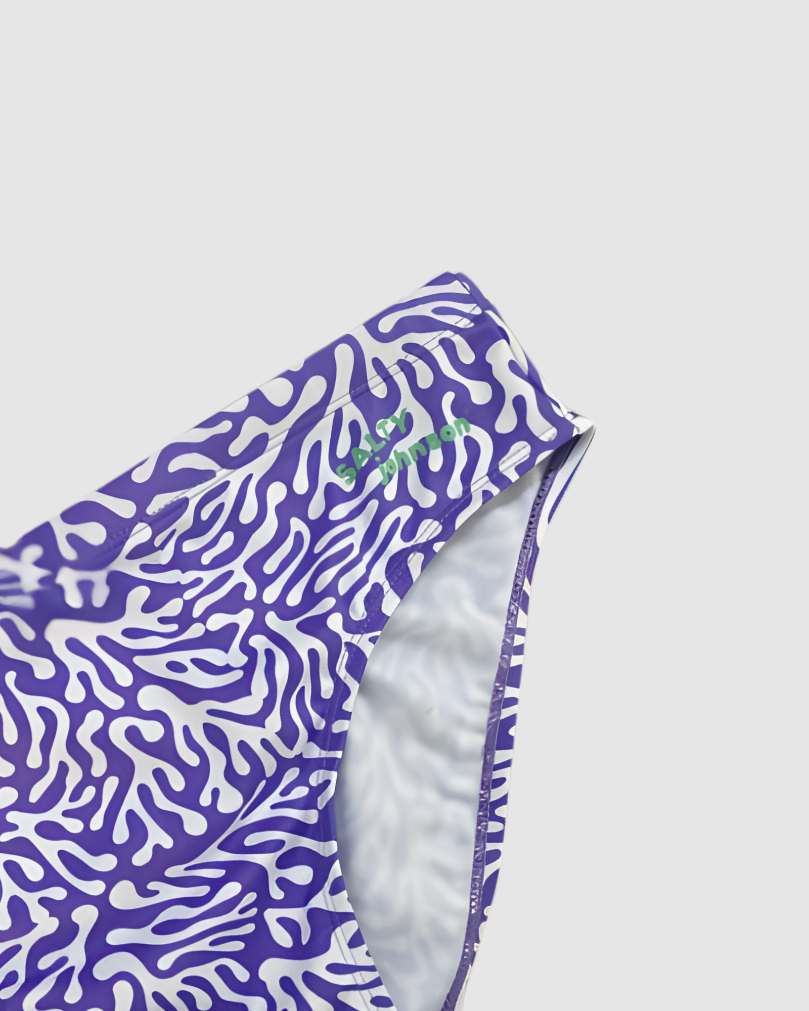 Violet Coral print swim briefs, chlorine resistant recycled fabric, Salty Johnson