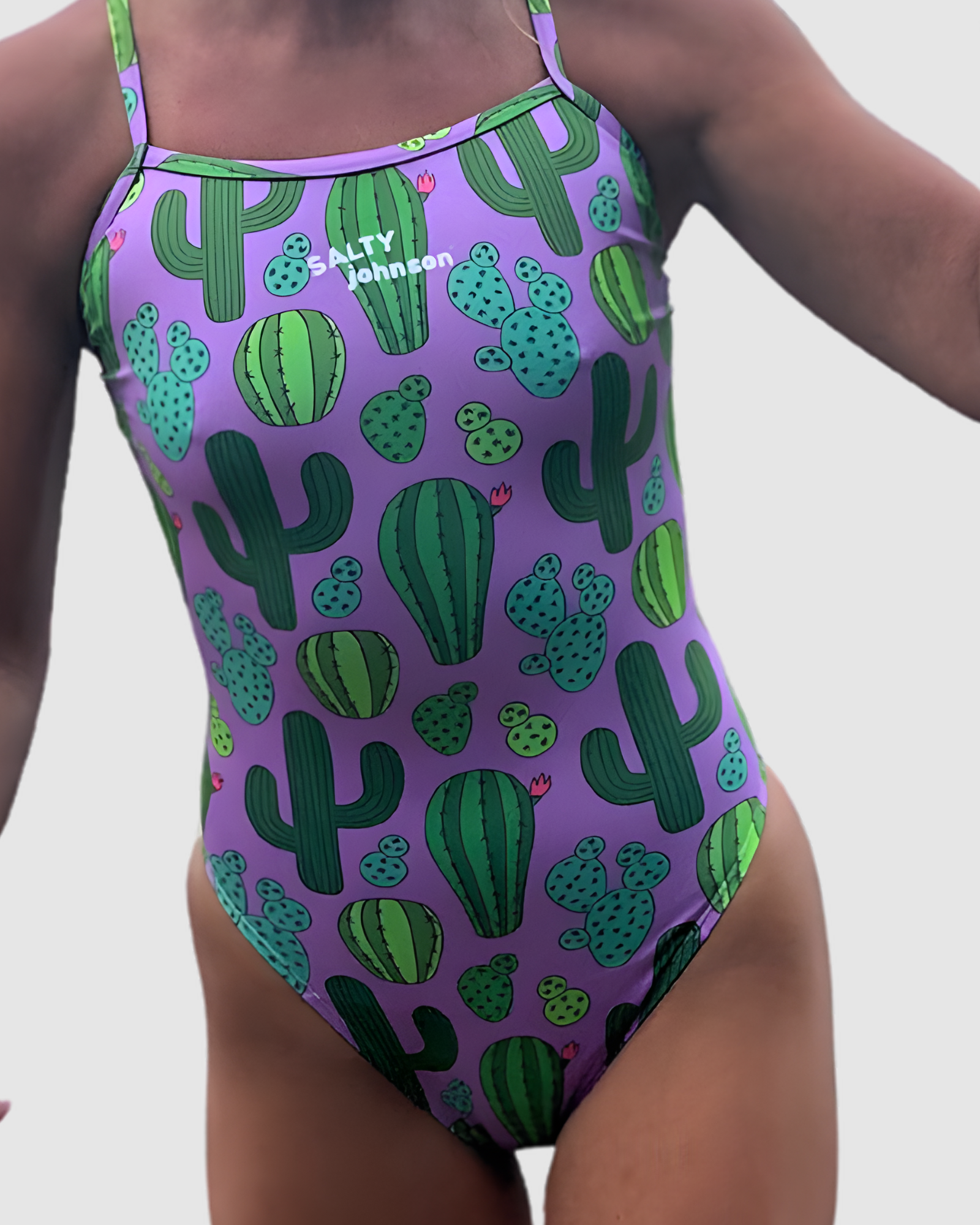 Prickly Business cactus print womens one-piece swimsuit in recycled REPREVE fabric, Salty Johnson