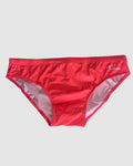 Front view of Salty Johnson Classics Watermelon men's swim briefs in watermelon red.