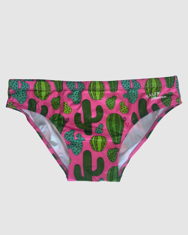 Front view of Salty Johnson Prickly Business Pink men's swim briefs in pink, green.
