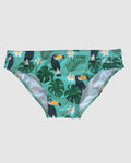 Front view of Salty Johnson Toucan Tango men's swim briefs in green, black, yellow.