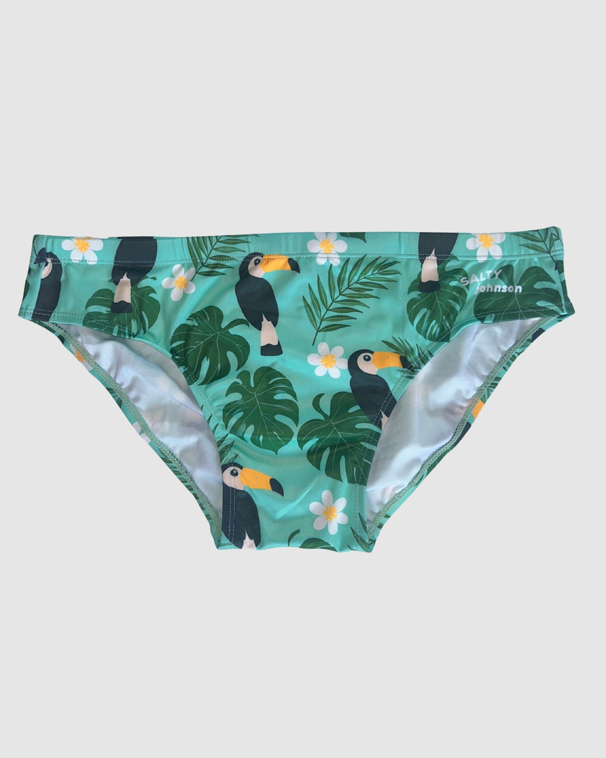 Front view of Salty Johnson Toucan Tango men's swim briefs in green, black, yellow.