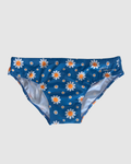 Front view of Salty Johnson Oopsie Daisy men's swim briefs in blue, white, orange.