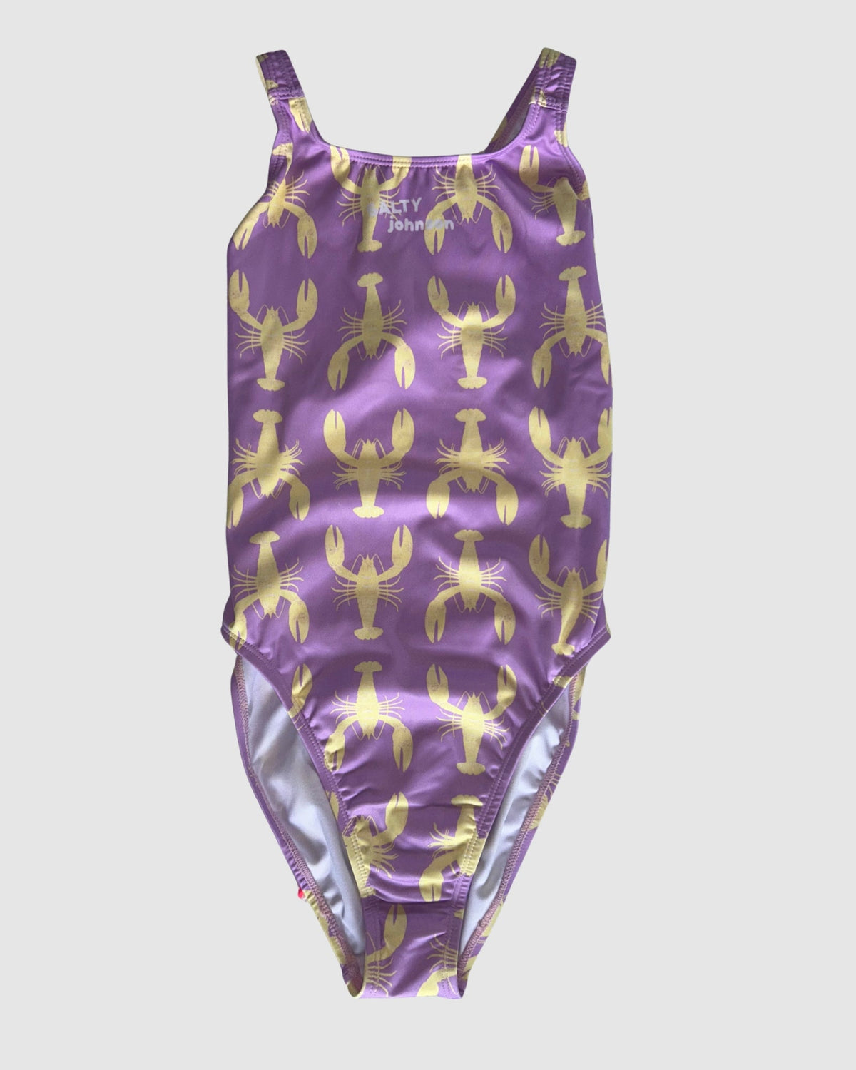 Front view of Yabbies women's thick strap one-piece swimsuit, yellow yabby print on lilac.