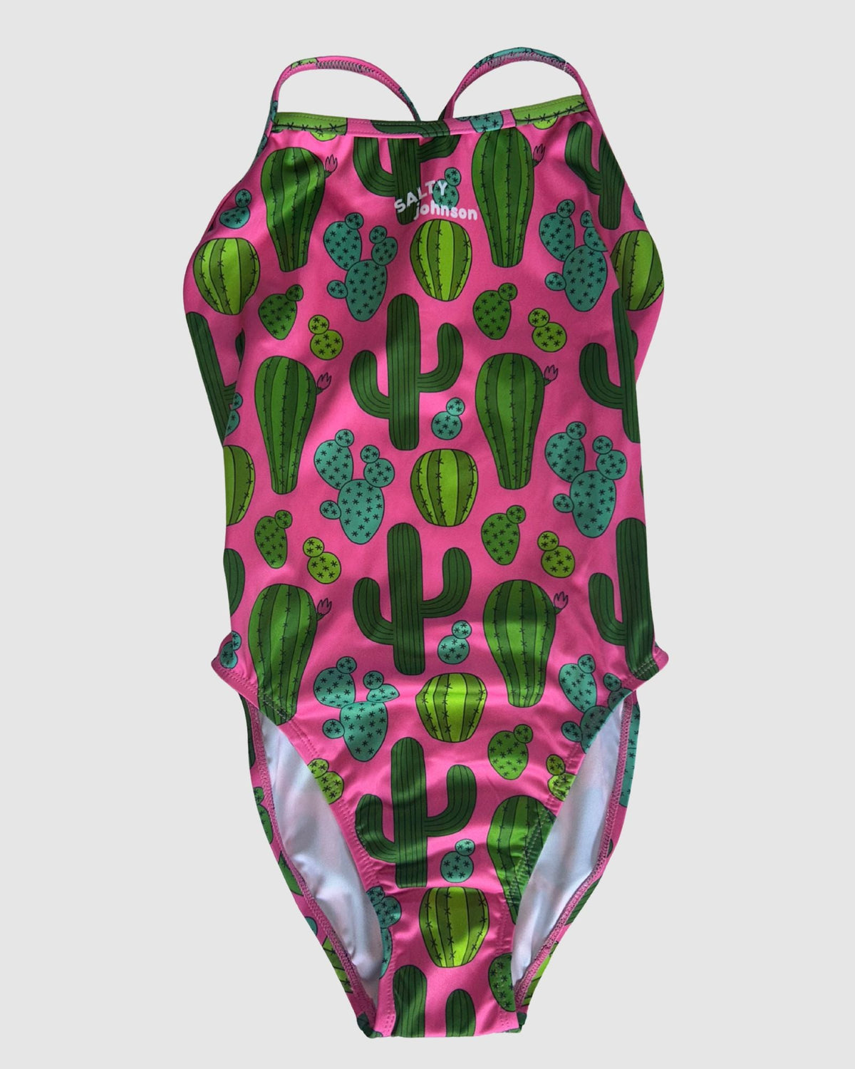 Front view of Prickly Business Pink women's thin strap one-piece swimsuit, green cactus print on bright pink.
