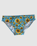 Front view of Salty Johnson Sunny Side Up men's swim briefs in blue, yellow, green.
