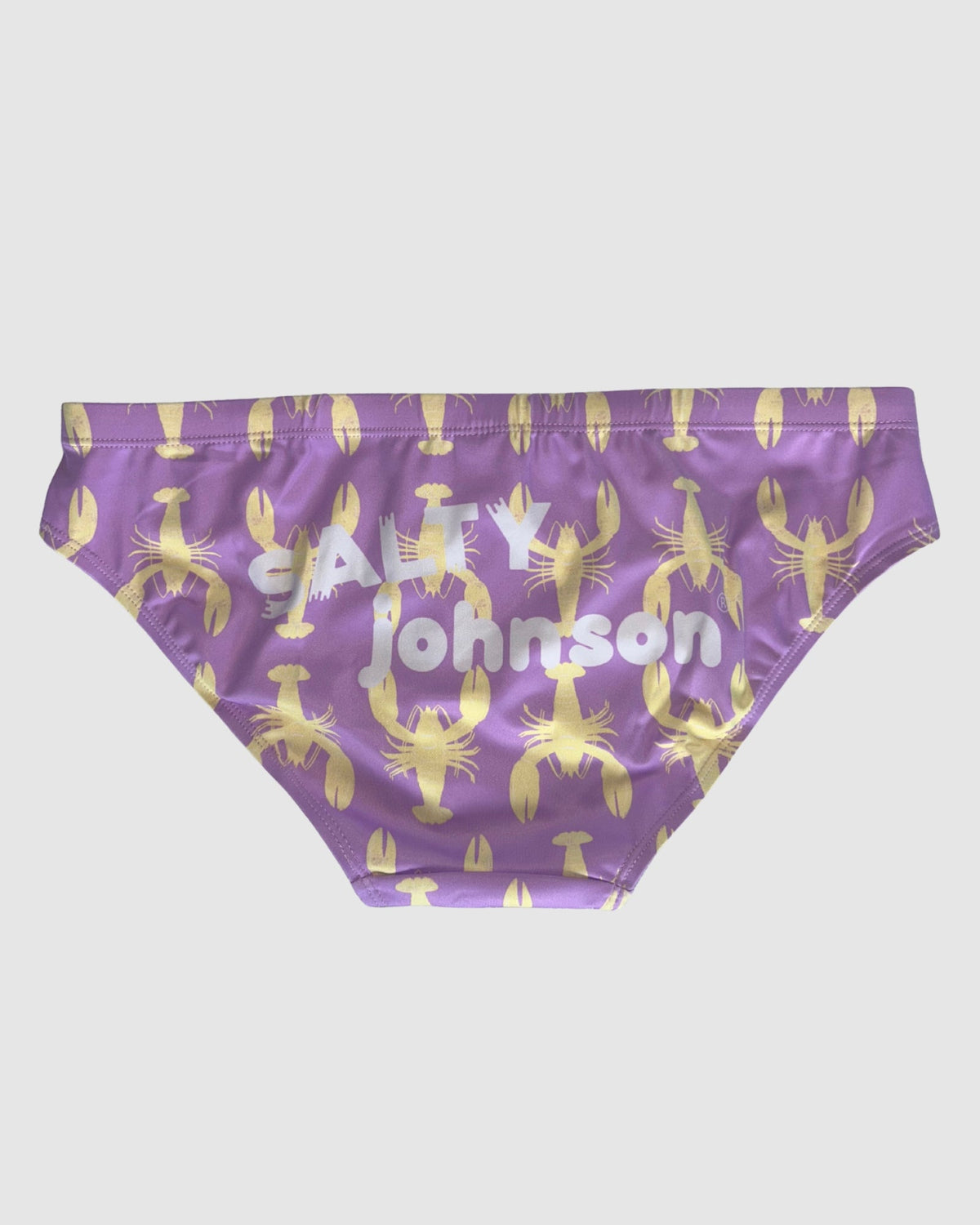 Back view of Salty Johnson Yabbies men's swim briefs in purple, yellow.
