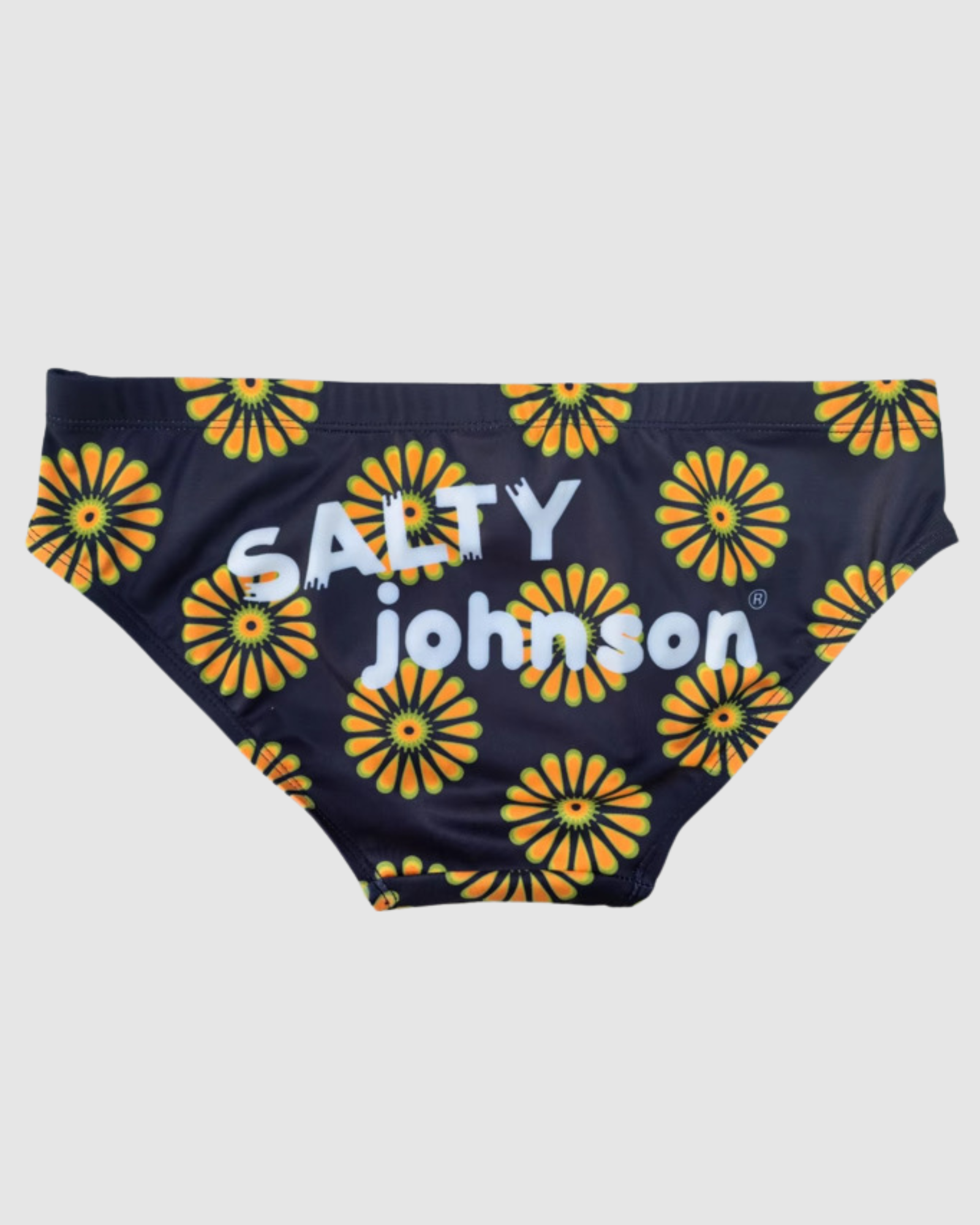 Retro Bloom print swim briefs, chlorine resistant recycled fabric, Salty Johnson