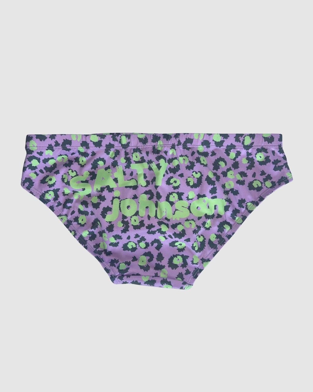 Back view of Salty Johnson Purple Patch men's swim briefs in purple, black, green.