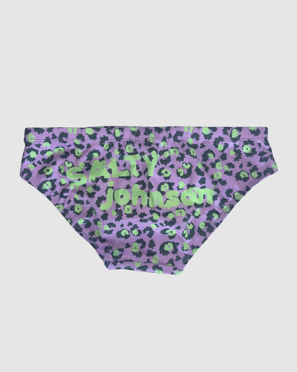 Back view of Salty Johnson Purple Patch men's swim briefs in purple, black, green.