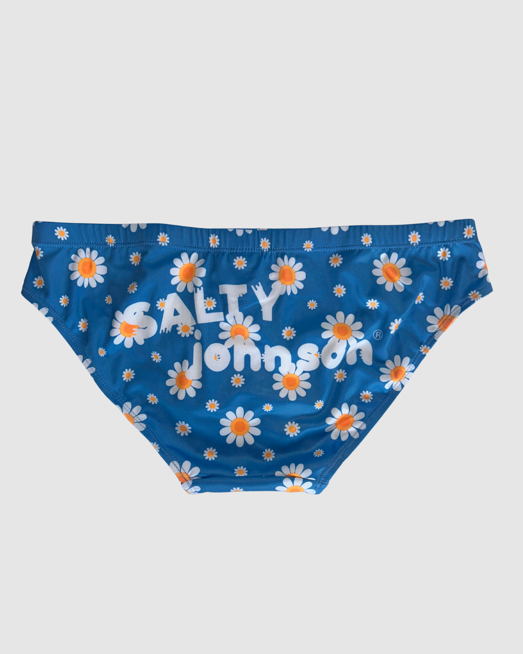 Back view of Salty Johnson Oopsie Daisy men's swim briefs in blue, white, orange.