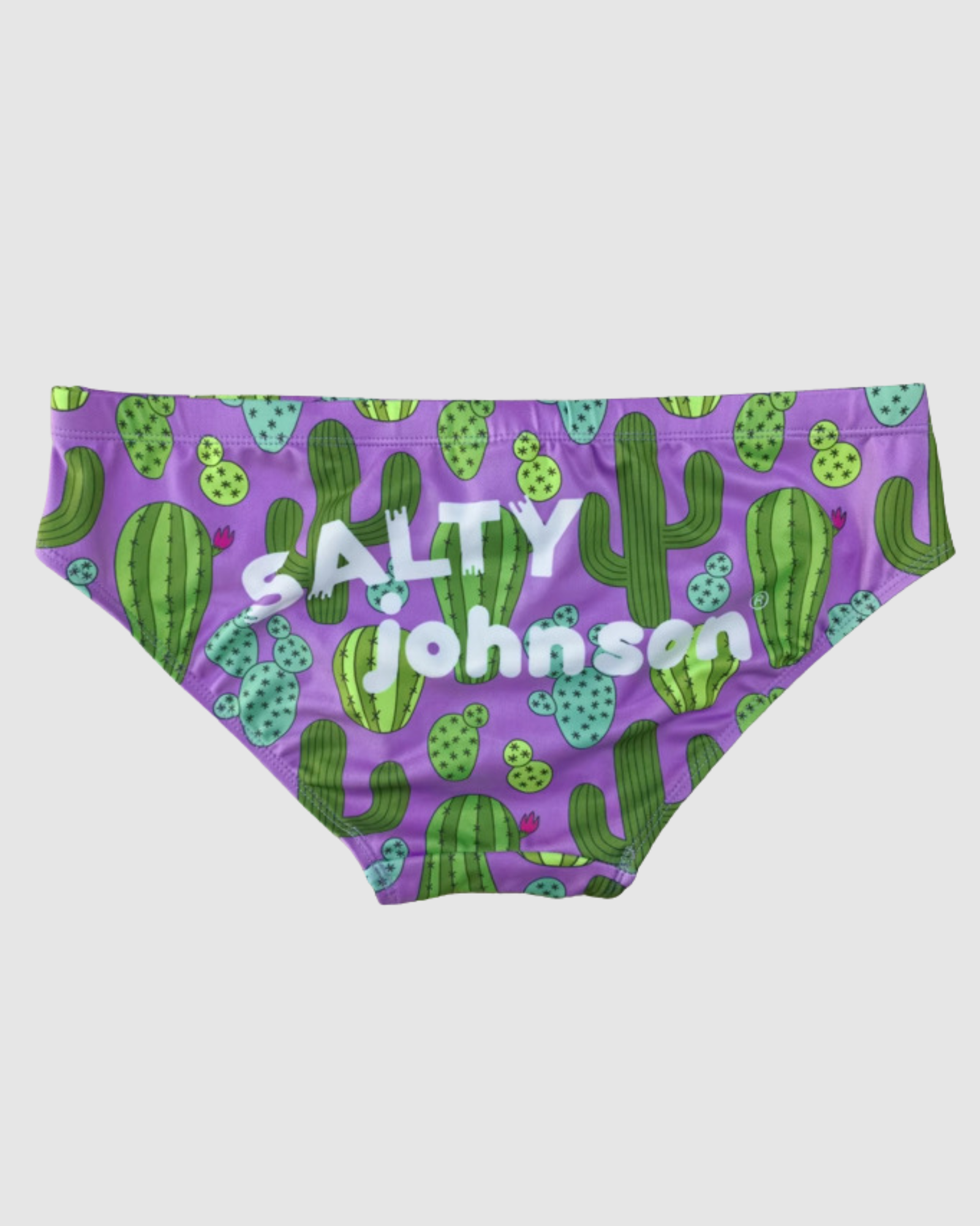 Prickly Business print swim briefs, chlorine resistant recycled fabric, Salty Johnson