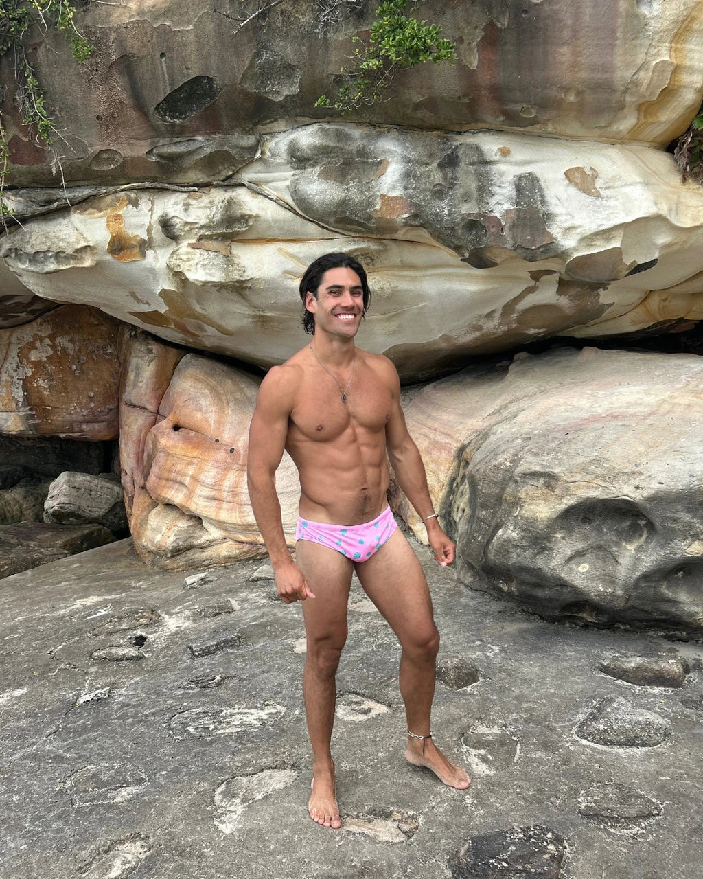Pink Leaves mens swim briefs, UPF50+ rated sustainable swimwear, Salty Johnson