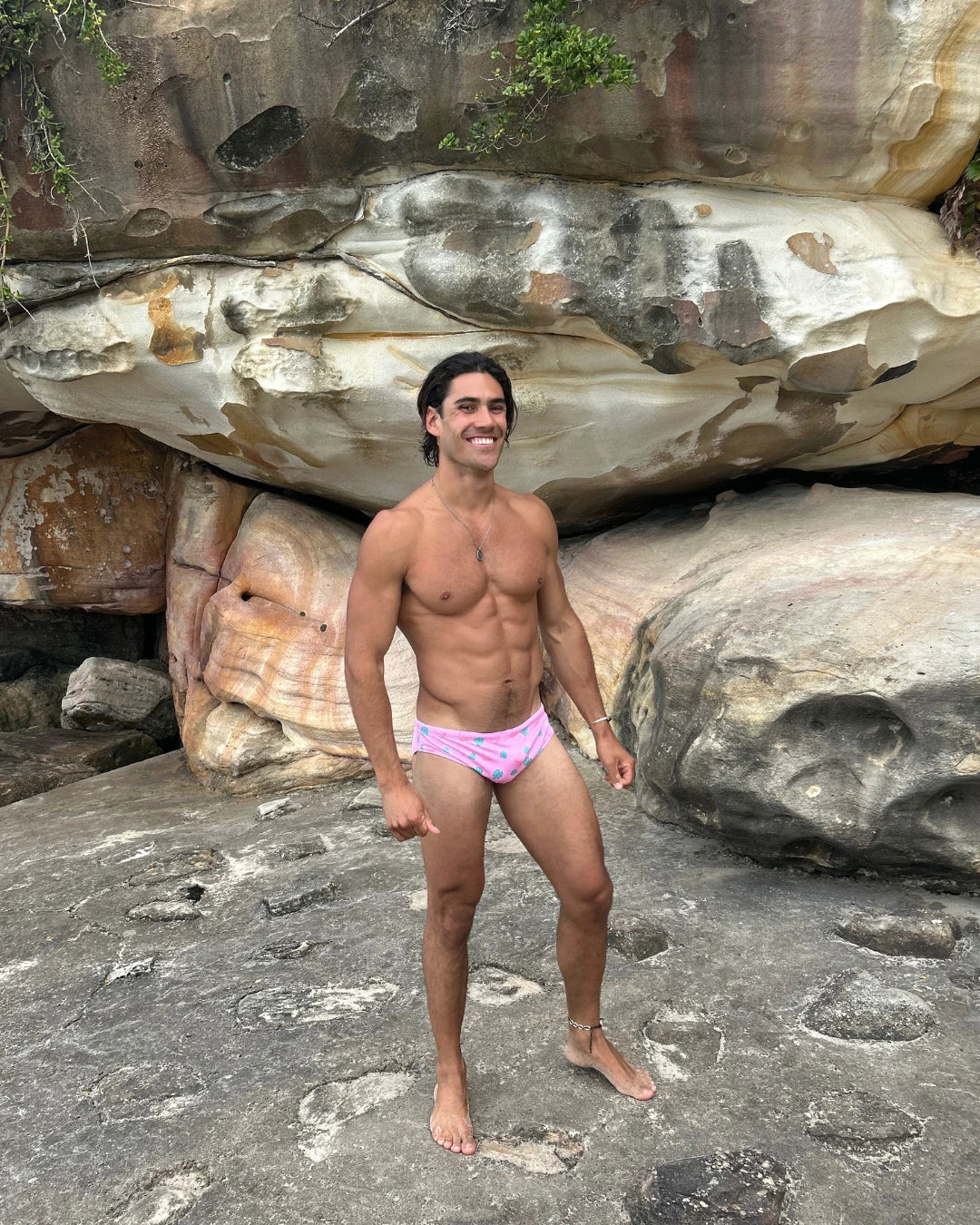 Pink Leaves mens swim briefs, UPF50+ rated sustainable swimwear, Salty Johnson