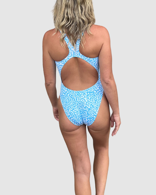 Blue Coral thick strap one-piece swimsuit, UPF50+ sustainable swimwear, Salty Johnson