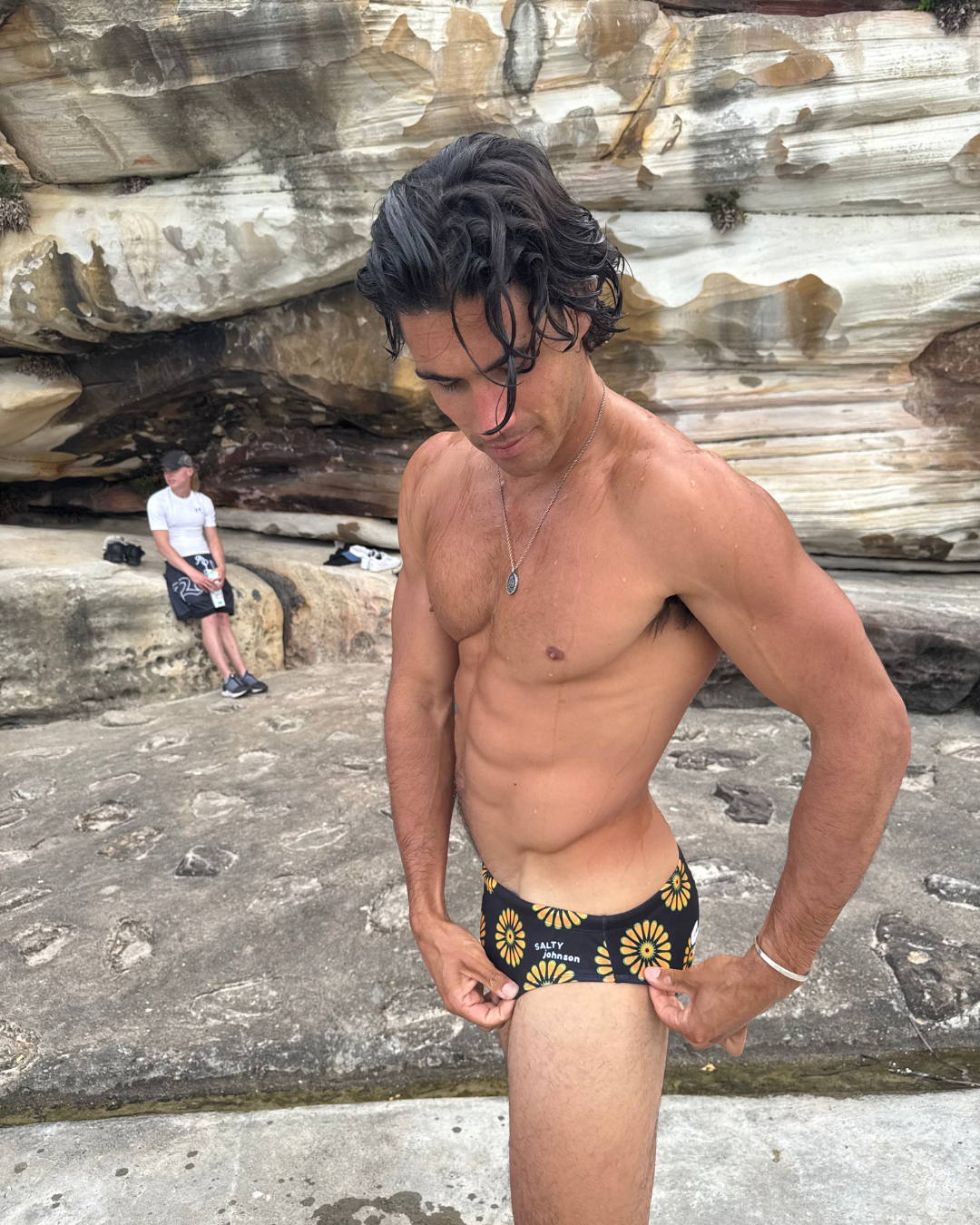Retro Bloom mens swim briefs designed in Bondi Beach, Salty Johnson