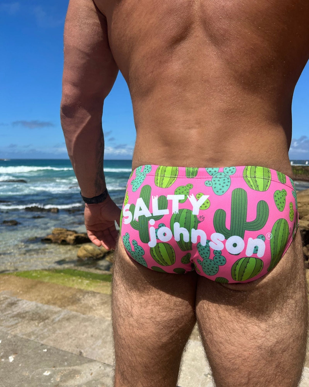 PRICKLY BUSINESS PINK – Men's Swim Briefs | Sustainable UPF50+ Swimwear Salty Johnson