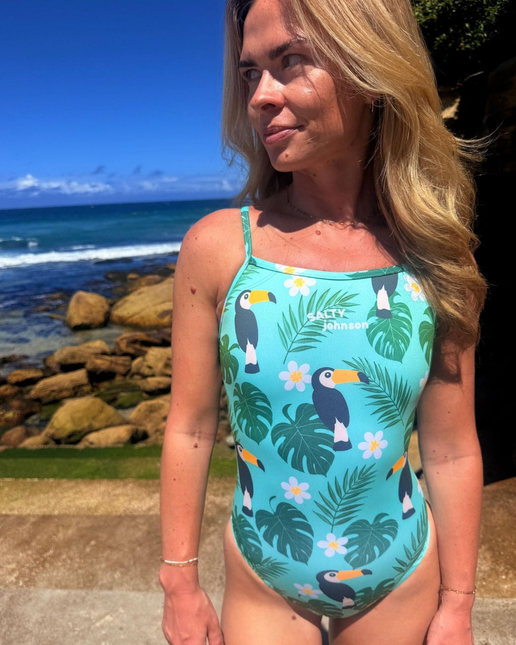 TOUCAN TANGO – Women's Thin Strap One-Piece Swimsuit Salty Johnson