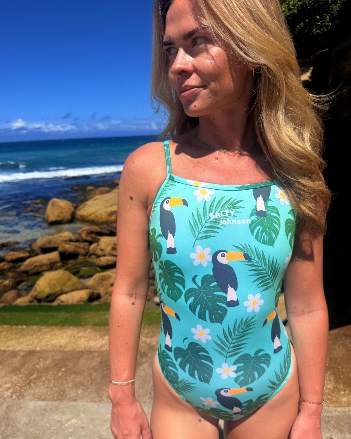 TOUCAN TANGO – Women's Thin Strap One-Piece Swimsuit Salty Johnson