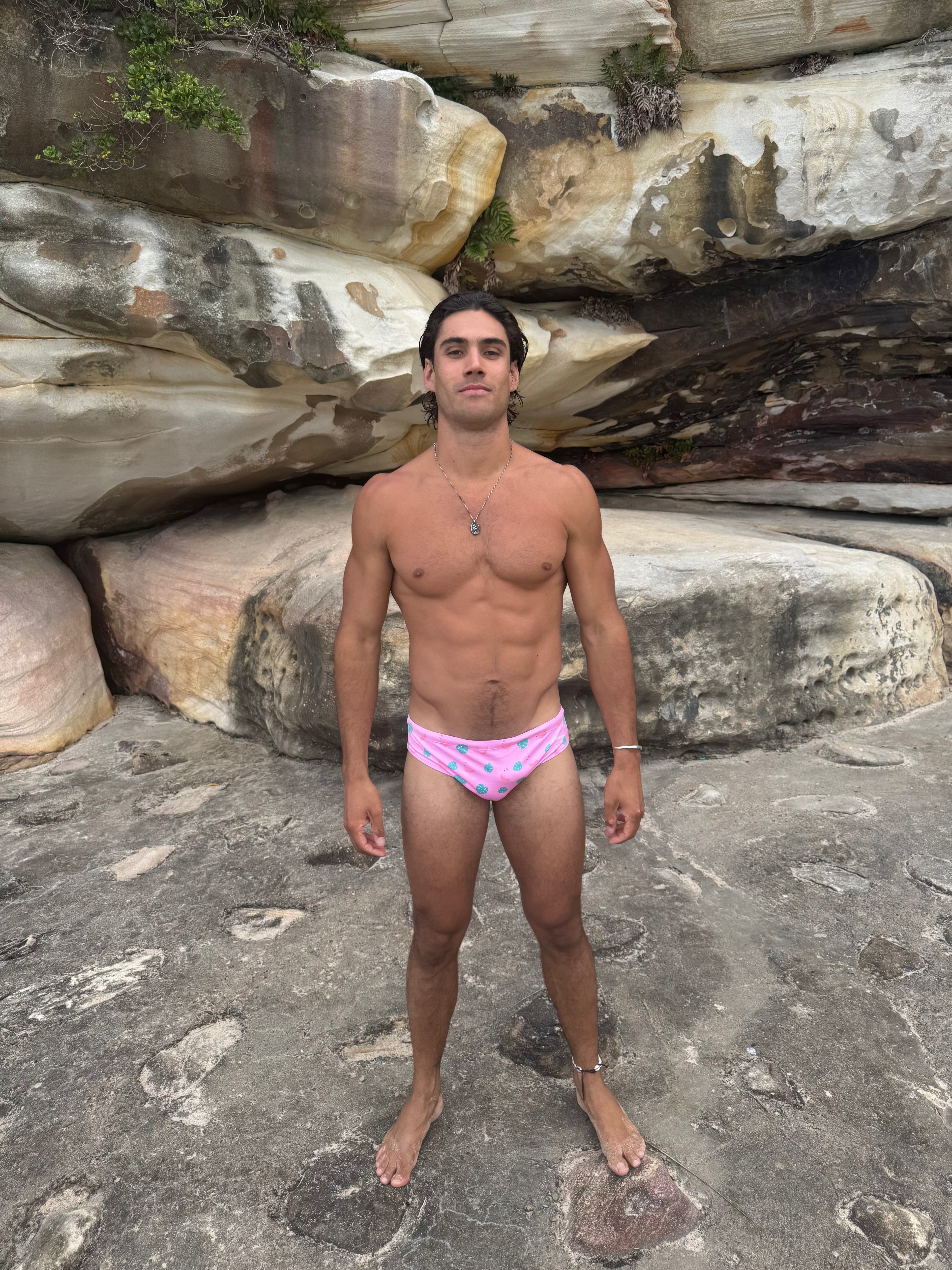 Pink Leaves print swim briefs, chlorine resistant recycled fabric, Salty Johnson